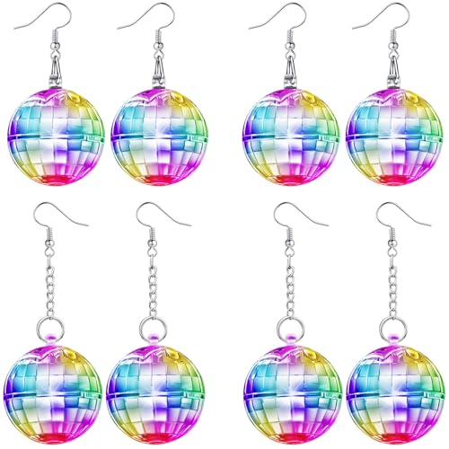 Henoyso 4 Pairs Light up Disco Ball Earrings Jewelry LED New Year Light Glow Earrings for Women Girls Christmas Disco Party Favor Bachelorette Dance Costume Accessories(Long Short Multicolor)