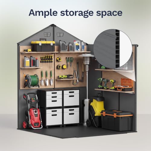 Image of Greesum 6x6FT Plastic Outdoor Storage Shed with Floor, Resin Sheds with Lockable Double Door, Tool Sheds with Window and Vents, for Backyard, Garden, Patio, Dark Gray