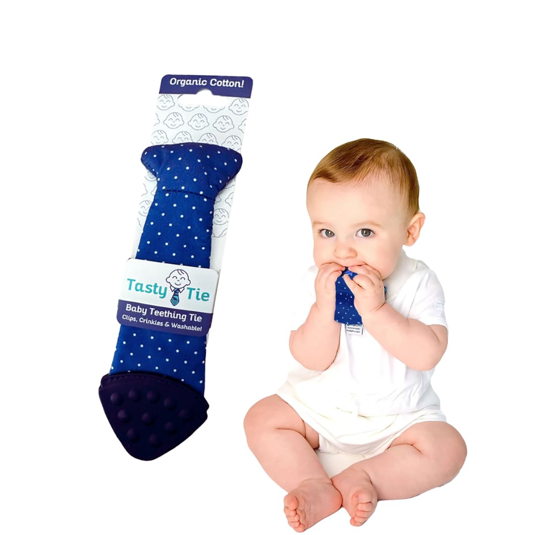 Tasty Tie Teething Tie, 3-in-1 Clip-on Baby Tie Crinkle Toy & Silicone Teether for 3-6-9-12-18 Month Babies | GOTS Certified Organic Cotton | Unique