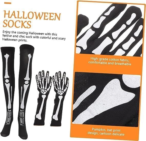 NICAI Kitchen 2 works Halloween Skeleton Gloves Stockings Set,Halloween Skull Stockings Halloween Cosplay knee-high socks Costume halloween skeleton socks Party Mardi Gras - Image 3