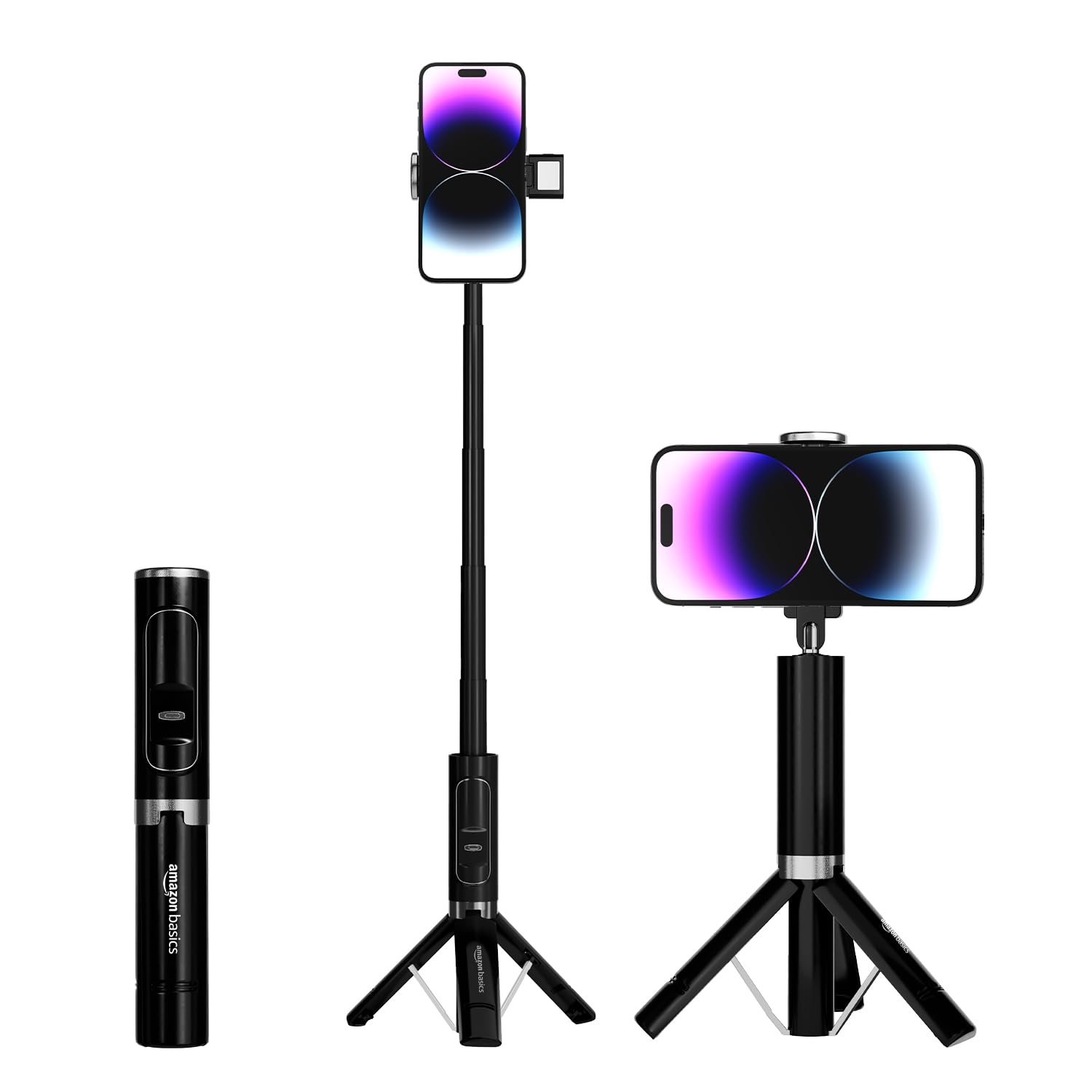 Amazon Basics Selfie Stick with LED Light | Enhanced Lighting | Adjustable Brightness | Rechargeble Bluetooth Remote | Compatible with Wide Range of Smartphones, Ideal for Selfies, Vlogging, Black