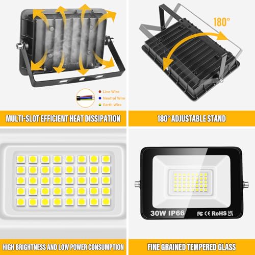 Willpower 2pcs Outdoor LED Floodlights 30W 3000lm LED Security Lights IP66 Waterproof 175V-265V Daylight White 6000K Wall Light for Garden Garage Yard Lawn Court Patio - Image 3