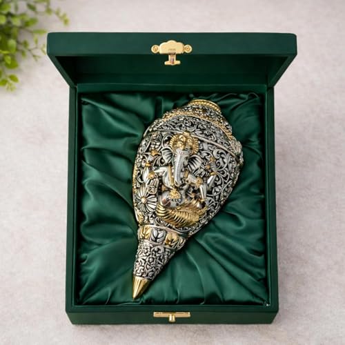 Image of 999 Pure Silver Plated & 24K Gold Plated Ganesh Shankh | Sacred 5.2 Inch Dual-Tone Conch Shell | Vastu Showpiece for Success & Wealth | Auspicious Pooja Gift.