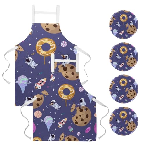 Lot de 2 tabliers de cuisine avec poches et motifs donuts et astronautes