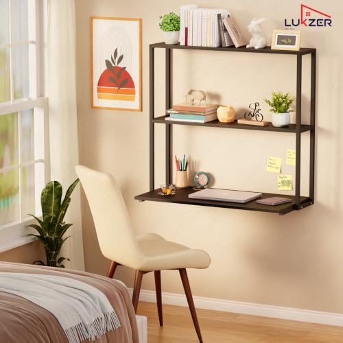 Image of Lukzer Wall Mounted Study Table with Multipurpose Storage Shelves (MMR-007 /Black & Black) Engineered Wood & Metal Frame, Space Saving Work Desk for Laptop, Bookshelf, Decor & Home Office (83x79x40 cm)