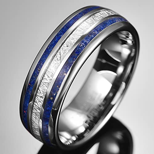 Imitated Meteorite Rings for Men 8mm Tungsten Wedding Band Ring with Blue Lapis Lazuli/Carbon Fiber Inlay Dome Style Comfort Fit Size 7-132