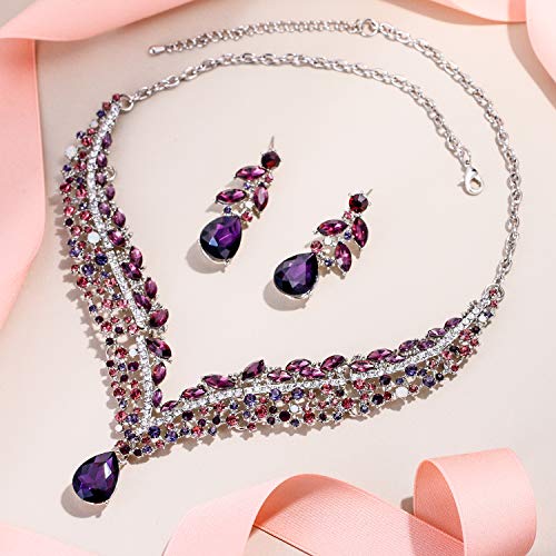 EVER FAITH Women's Austrian Crystal Decorative Leaf Teardrop Necklace Earrings Set Purple Silver-Tone