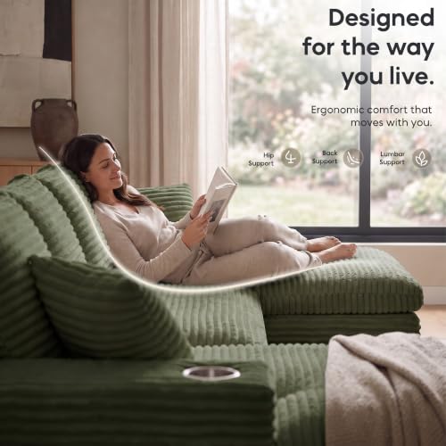 Image of 120 inch Modular Sectional Sofa, U-Shape Boneless Couch, Green
