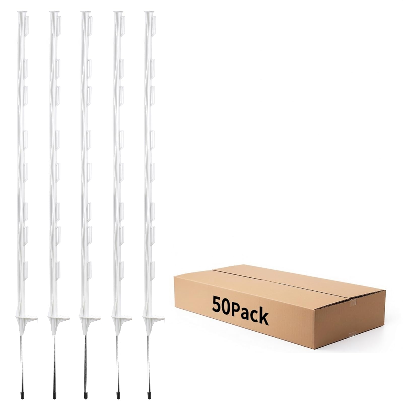 Piquets de Clôture Électrique en Plastique pour Pâturage, 50 Pièces, Hauteur 122 cm, ‌Enfoncement au Pied Unique‌, avec Œillets pour Rubans, Câbles ou Fils, Blanc