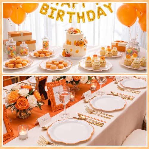 Image of 30 Pcs Orange and White Paper Plates 9 In Scalloped Fall Plates Disposable | White Plate with Orange Trim Thanksgiving Plate for Baby Shower, Wedding, Bridal Shower, Birthday, Picnic