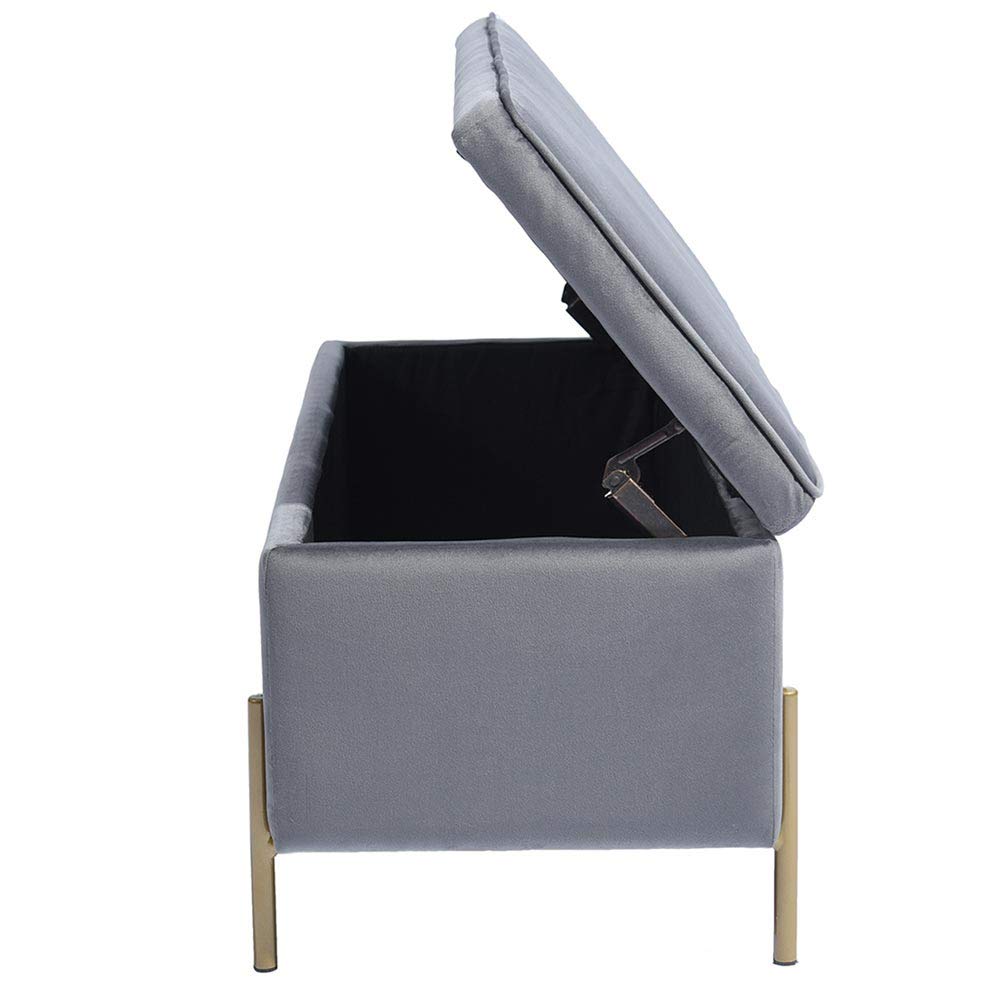 BAKAJI Baúl de Almacenamiento con reposapiés para Dormitorio, Banco de Madera, Revestimiento de Tela de Terciopelo, Asiento abatible Acolchado, Patas Doradas (Gris)