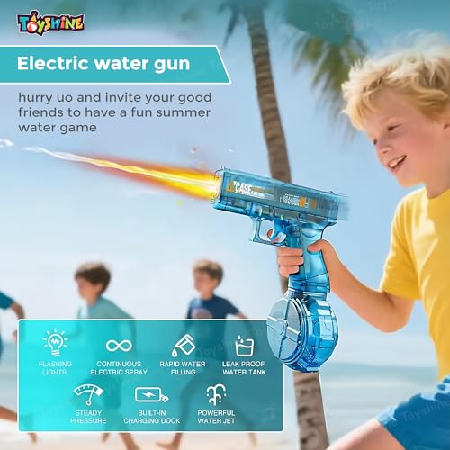 Image of Toyshine Rechargeable Automatic Holi Water Gun Toy with 330ml Capacity | Transparent Electric Water Squirt Gun with LED Light | Perfect for Holi Festival & Summer Outdoor Fun- Blue