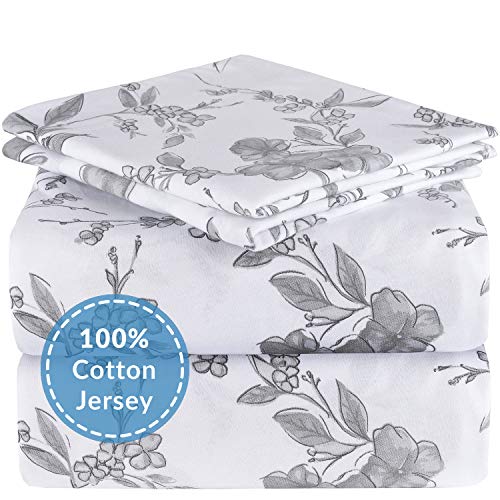 Mellanni Jersey Knit Cotton Sheets - 4 pc Luxury Queen Bed Sheets Cotton - All Season Queen Size Bed Sheets - Deep Pocket Queen Bed Sheets Set - T-Shirt Queen Jersey Sheets (Queen, Watercolor Floral)