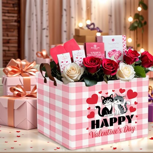 Image of Cute Large Valentine's Day Gift Basket Empty Heart Decor Storage Bin for Kid Baby Room Decor (Pink Checkered Cat)