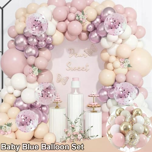 ベビーピンクのバルーンガーランドアーチ マカロン ダスティピンク 白い風船 女の子 子供 誕生日 結婚式 装飾 パーティー用品 ベビーシャワー