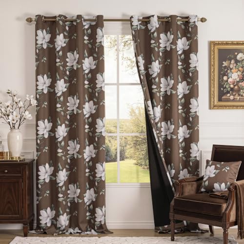 Image of MYSKY HOME Floral 95% Blackout Curtains 102 Inch Long 2 Panels Set for Kitchen White Flower Printed Thermal Insulated Light Blocking Black Out Grommet Window Treatments, 52 inch W Each Panel, Brown