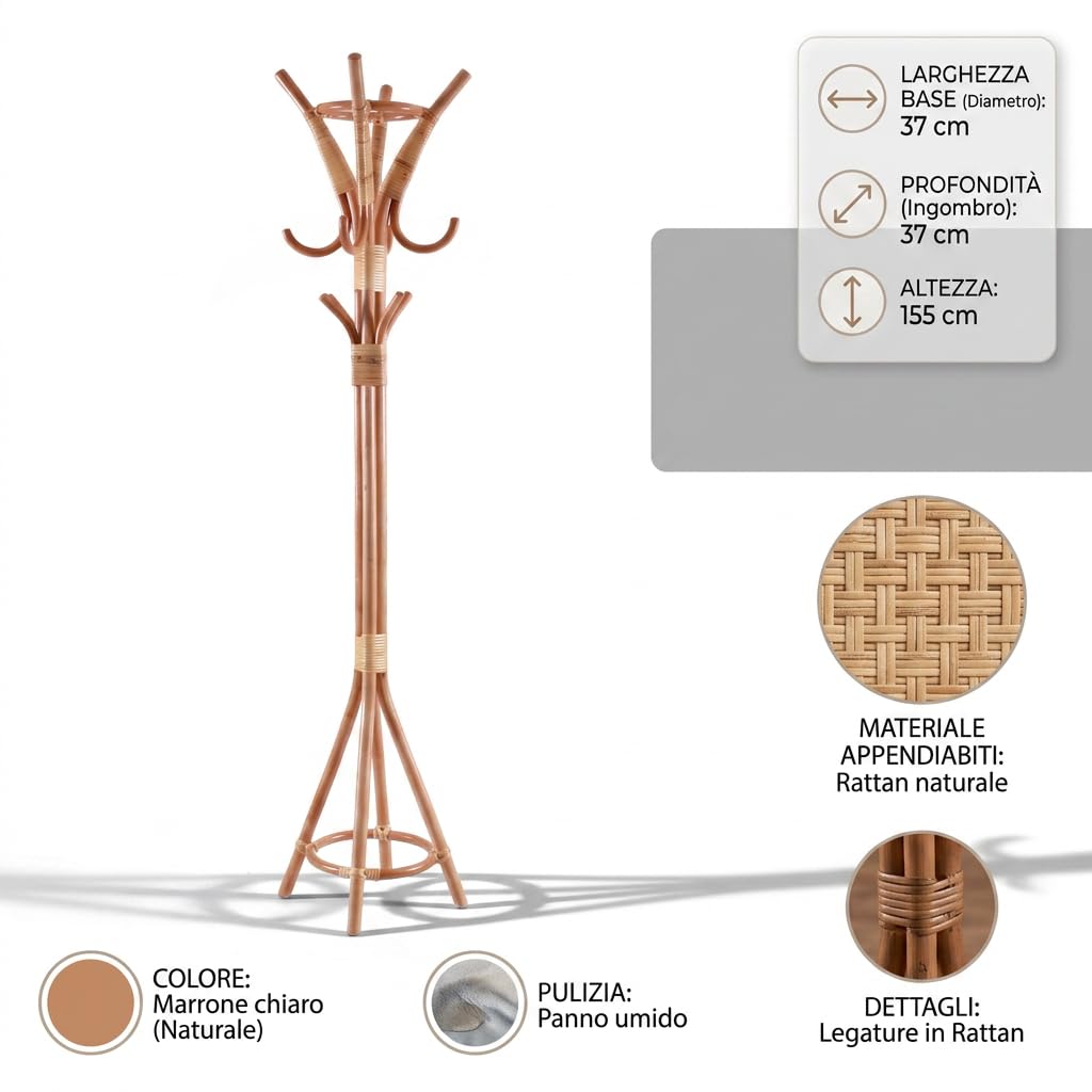 Appendiabiti da Terra in Rattan Naturale Stile Boho Chic con Ganci a Diverse Altezze, Design Decorativo per Ingresso e Camera da Letto, 37 x 155 cm
