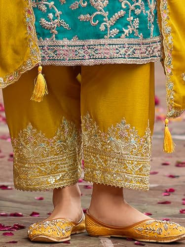 Image of INDO ERA Women's Silk Blend Embroidered Straight Kurta & Pant With Dupatta Set (IEOUT10592)
