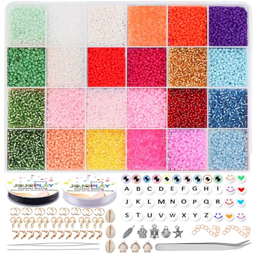 JOJOPLAY ?Glass Seed Beads 21916Pcs ?Tiny Beads for DIY Crafting & Jewelry Making Supplies with Pendants, Letter Beads, ?Waist Beads | 0.5mm Bracelet String | 24 Vibrant Colors (2mm, 900pcs/Color)