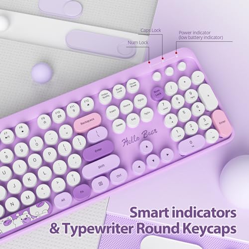 Image of Fogruaden Wireless Keyboard and Mouse Combo 2.4GHz Retro Typewriter Keyboard, 104 Keys Full Size Round Keycap Cute Keyboard and Mouse with Number Pad, Purple Colorful Keyboard for Windows PC Laptop