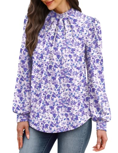 Image of WIHOLL Long Sleeve Shirts for Women Mock Neck Tops Pleated Front Blouses Dressy Casual Spring Fall Clothes 2026 Fashion
