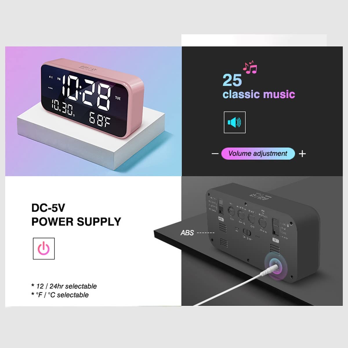 Cyfrowy budzik LED z muzyką - elektroniczny budzik z ładowaniem przez USB z aktywowanym głosem trybem oszczędzania energii, funkcją drzemki, regulacją jasności, 3 grupami trybów alarmowych (kolor: B