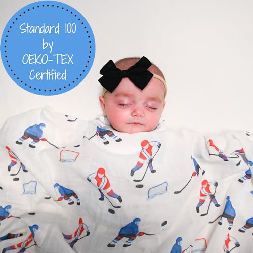 Image of LollyBanks Swaddle Blanket 100% Muslin Cotton, 47 x 47 inches Soft Breathable Muslin Baby Swaddles for Boys, Baby Essentials, Registry and Gift (Ice Hockey Print), Pass, Shoot, Score