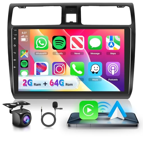 2 64G] Podofo 10'' autoradio voor Suzuki Swift 2005-2010 Android 13 Draadloos Carplay Android Auto, 2 din radio Bluetooth met touchscreen WiFi/Navi AHD achteruitrijcamera HiFi/RDS/FM DAB
