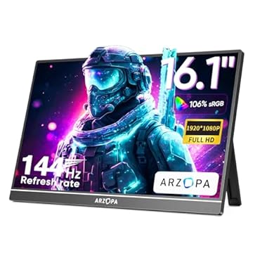 ARZOPA Monitor portátil para jogos de 16,1'' 144Hz, monitor portátil 100% sRGB 1080P FHD Kickstand com HDR, ultrafino, cuidados com os olhos, segunda tela externa para laptop, PC, PS5, Mac, Xbox,