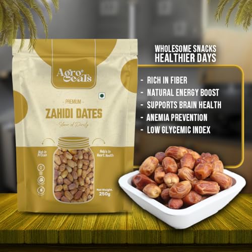 Image of AGROEATS PREMIUM ZAHIDI DATES - 250g Pack |Khajoor Dry Fruit & Nuts Natural Sweetener | Healthy & Nutritious Snack | Rich in Fiber & Energy | Pack of 2