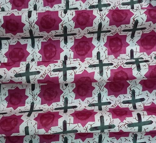Image of 2 Meter Hand Block Indian Cotton Unstitched Jaipuri Handmade Digital Printed Fabric Material for Women Kurta /Blouse /Palazzos /Piece Material for Women's (Pink)
