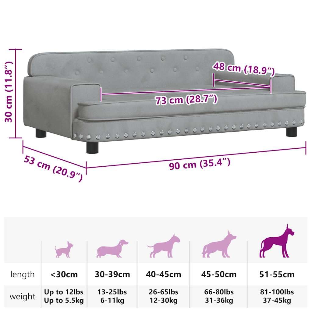 vidaXL Cama para Perro, Sofá para Mascotas con Marco de Madera, Cesta para Cachorros Casa Interior, Gris Claro 90x53x30 cm Terciopelo