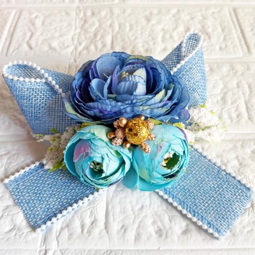 Image of ADIKALA Handmade Artificial Big Peonies 3 Flower Bunch for Trousseau Packing, Ready to use Flower Brooch Hamper for Decoration, Gift Wrapping Flowers (3, Blue Jute)