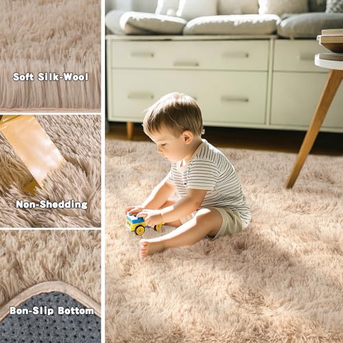 Tapete Beige Fluffy 4x6 pies Ultra Suave Antideslizante miniatura 5