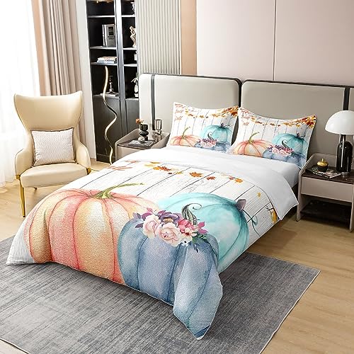Homewish Cotton Fall Pumpkin Duvet Cover,Thanksgiving Bedding Set Super King,Rustic Farmhouse Maple Leaves Comforter Cover,Autumn Harvest Season Bed Sets with 2 Pillowcases,Watercolor Orange Blue - Image 3