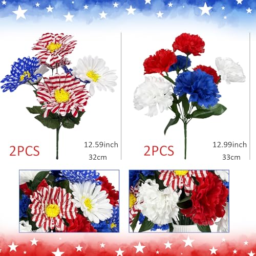Image of 20 Stems Red White and Blue Flowers Artificial 13 inch Mixed Patriotic Dasiy Flower Silk Bouquet for Memorial 4th of July Independence Day Centerpiece Table Home Decor Cemetery Grave Decor(No Vase)