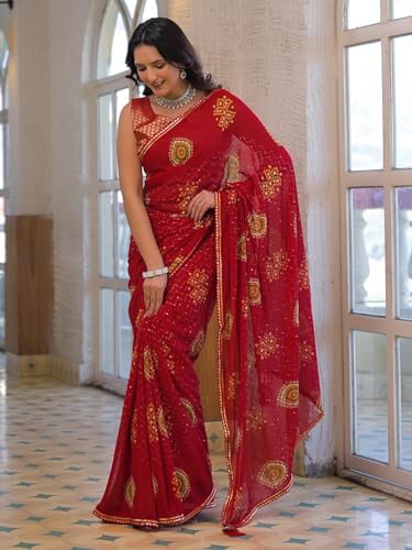Image of SIRIL Women's Bandhani Printed Embroidery Georgette Saree with Unstitched Blouse Piece