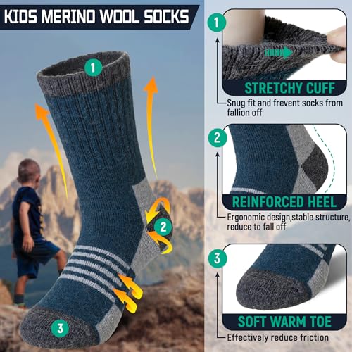 Kids Hiking Walking Socks Boys Girls Toddlers Merino Wool Warm Wicking Cushion Winter Crew Boot Socks3