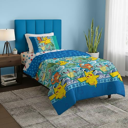 Northwest Pokemon First Starters Twin Size Bed in a Bag Set Pikachu Charmander Squirtle Bulbasaur Kids Boys Girls Bedding Comforter Sheets