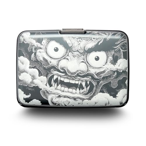 Image of OGON -DESIGNS- Aluminum card holder, RFID protection against fraud and demagnetization, compact wallet, Smart Case STOCKHOLM model (Engraving Demon Tattoo, Extra-secure lock)