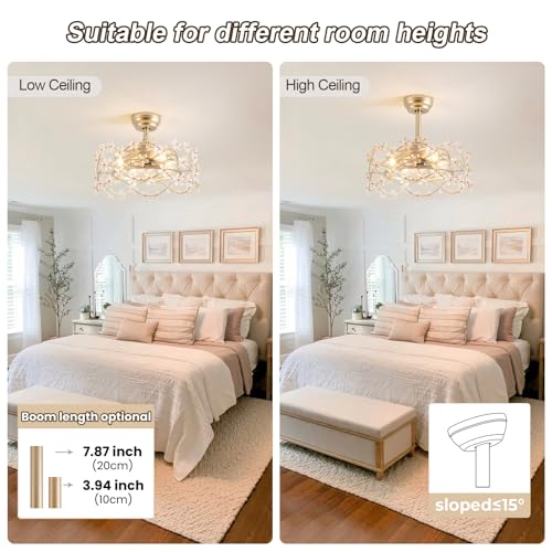 Image of 20 inch Gold Fandelier Ceiling Fan with Light, Flower Crystal Chandelier Ceiling Fan with Light and Remote Control, Modern Caged Enclosed 6 Speeds for Girl's Bedroom, Nursery, Living Room