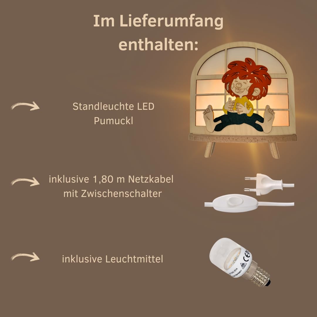 weigla - Dekoleuchte original Erzgebirge I Motiv Pumuckl I 1 LED Lampe I 0,8 W, E14 I Weihnachtsdeko innen I Weihnachtsbeleuchtung aus Holz I Fensterdeko I Ganzjahresbeleuchtung