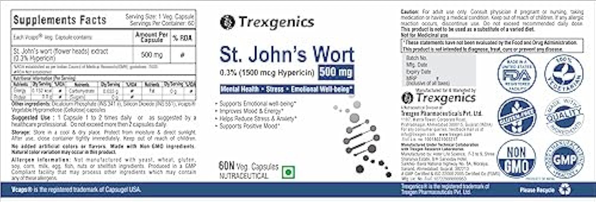 St. John's Wort 500mg Standardized Capsules, Mood Support