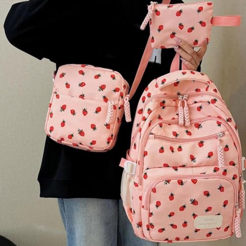 Coquette Strawberry Backpack,3PCS Cute Aesthetic Backpack Kawaii Daypack,Coquette Aesthetic Nylon Rucksack,for Women Fashion Travel Daypack4