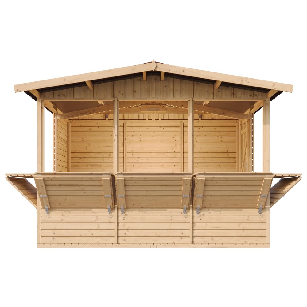 Capanno in Legno, Capanno Espositore in Legno, Chiosco da giardino per bar, CINQUE FINESTRE 336x263 cm/6 m2 Stand di vendita con bancone, Multifunzione cabina da giardino TIMBELA M150B