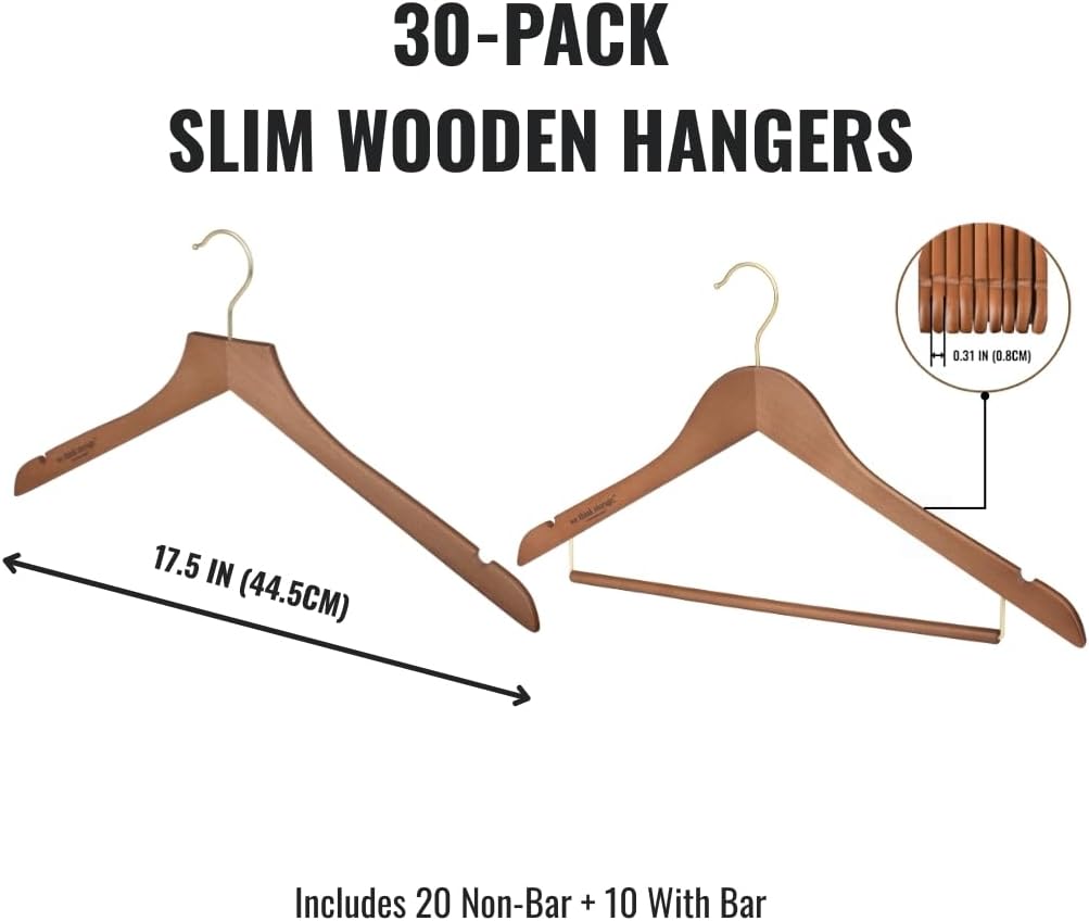 Set of Wooden Hangers 20 Pack & Pant Hanger 10 Pack, Smooth Wood Hangers with 360 Swivel Hook & Notches, Brown Solid Coat Hangers Wooden for Closet