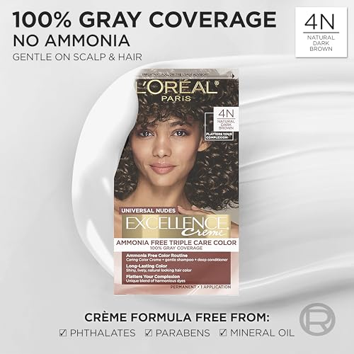 Image of L'Oreal Paris Excellence Universal Nudes Permanent Hair Color, Ammonia Free Hair Dye for Gray Hair Coverage, 4N Natural Dark Brown, 1 Hair Dye Kit
