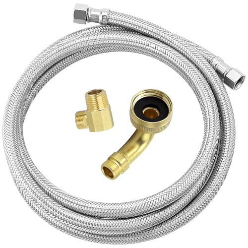 Dishwasher Supply Line Kit 6 FT Stainless Steel Braided with Elbow Adapter W10685193 (3/4 FHT x 3/8) - Burst Proof & Universal Dishwasher Connector Kit Fit for All Dishwashers by AMI PARTS