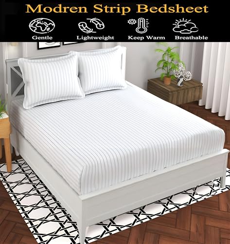 Image of 220 Cotton Feel Glace Cotton Double Bedsheet with 2 Pillow Cover (90x90 inch) White