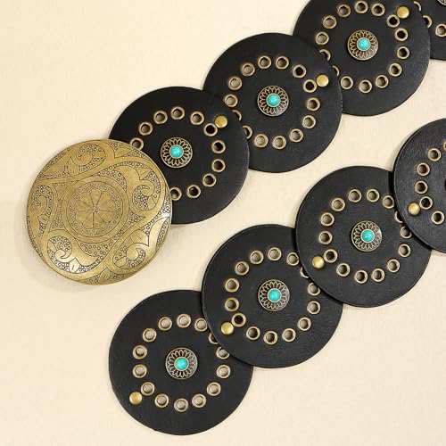 Women's Boho Disc Belt Wide Western Cowboy Belt Vintage Cowgirl Chunky Concho Belts for Dress Jeans3